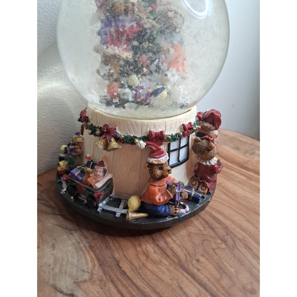 Vintage Christmas Teddy Bear Musical Snow Globe Wind Up Holiday Decor Multicolor